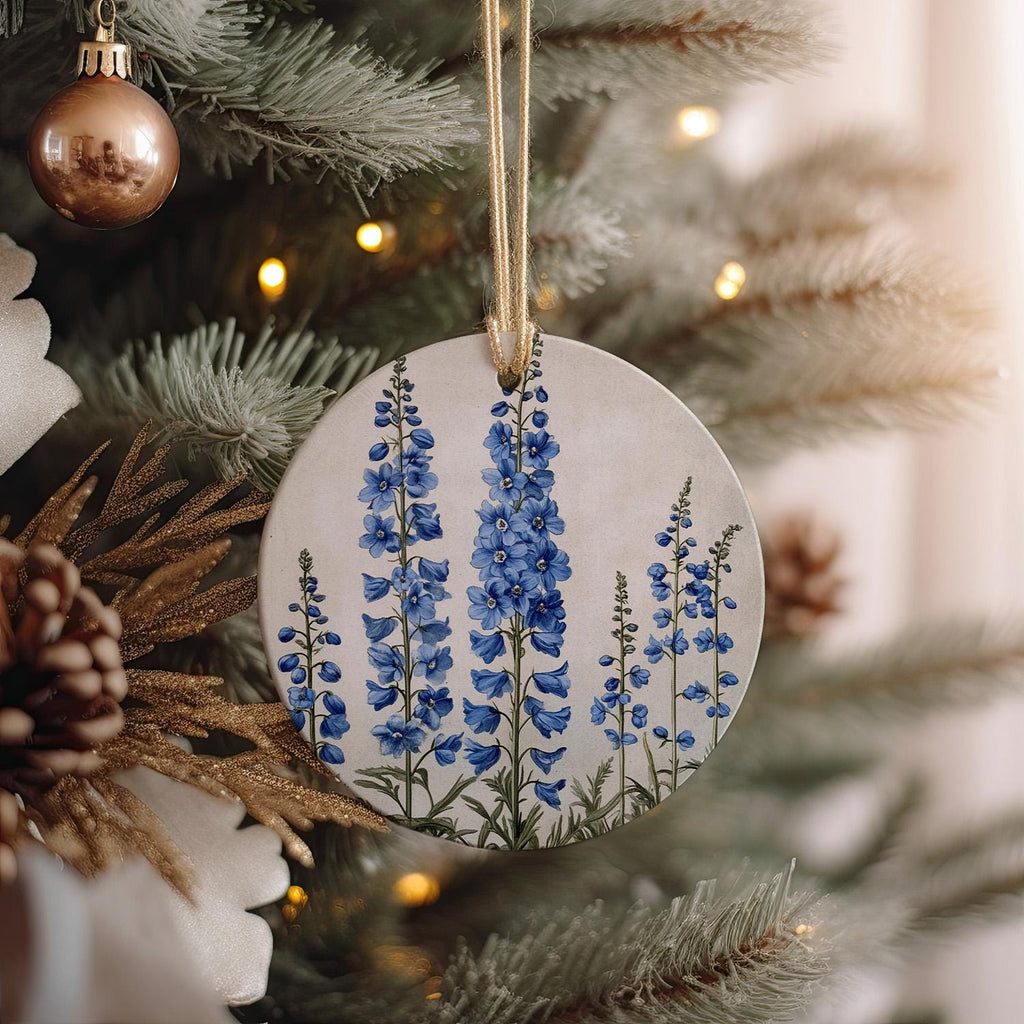 Vintage Botanical Delphinium Ceramic Ornament, Circular Design, Nature-Inspired Decor, Delicate Floral Art, Gift for Botanists — photo 1