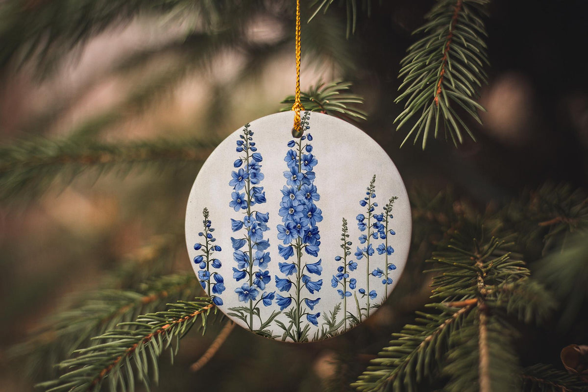 Vintage Botanical Delphinium Ceramic Ornament, Circular Design, Nature-Inspired Decor, Delicate Floral Art, Gift for Botanists — photo 2