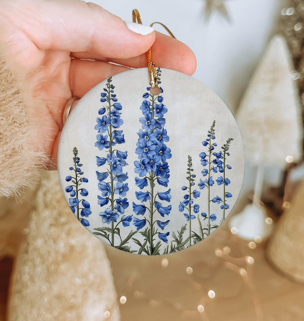 Vintage Botanical Delphinium Ceramic Ornament, Circular Design, Nature-Inspired Decor, Delicate Floral Art, Gift for Botanists — photo 3