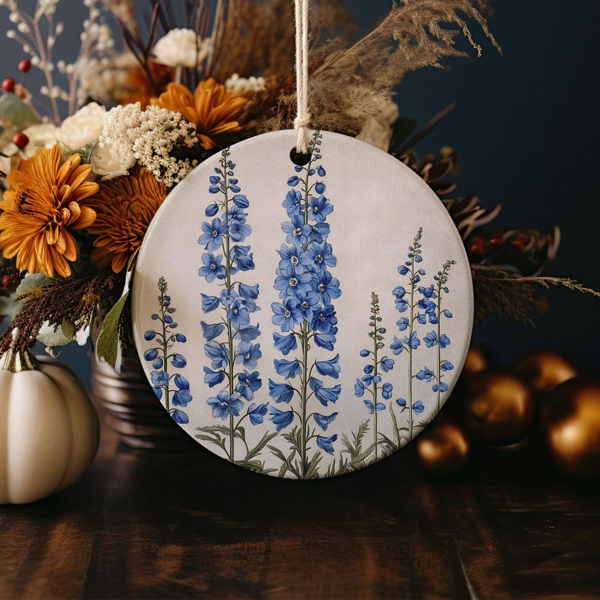 Vintage Botanical Delphinium Ceramic Ornament, Circular Design, Nature-Inspired Decor, Delicate Floral Art, Gift for Botanists — photo 4