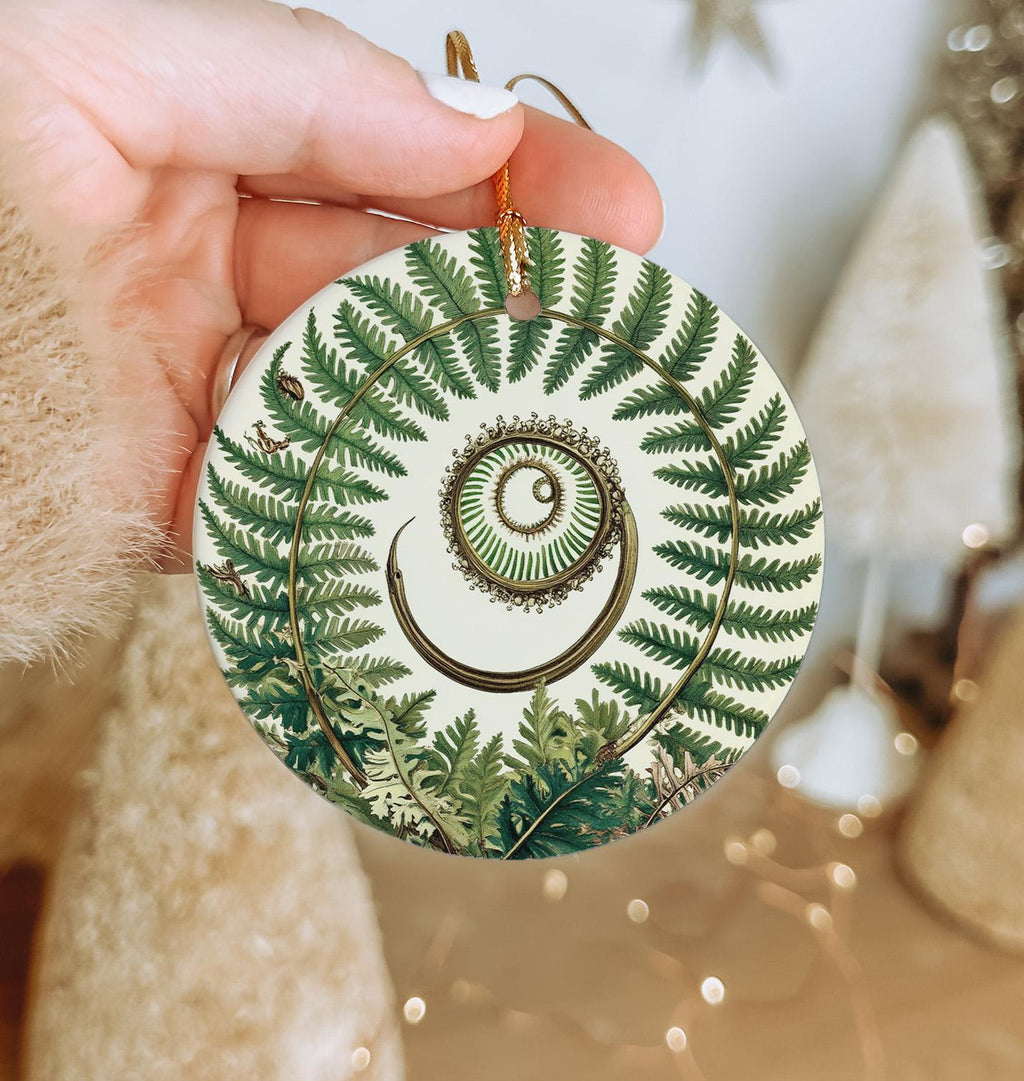 Vintage Botanical Fern Ceramic Ornament, Circular Design, Nature Home Decor, Rustic Christmas Ornament, Unique Gift Idea — photo 1