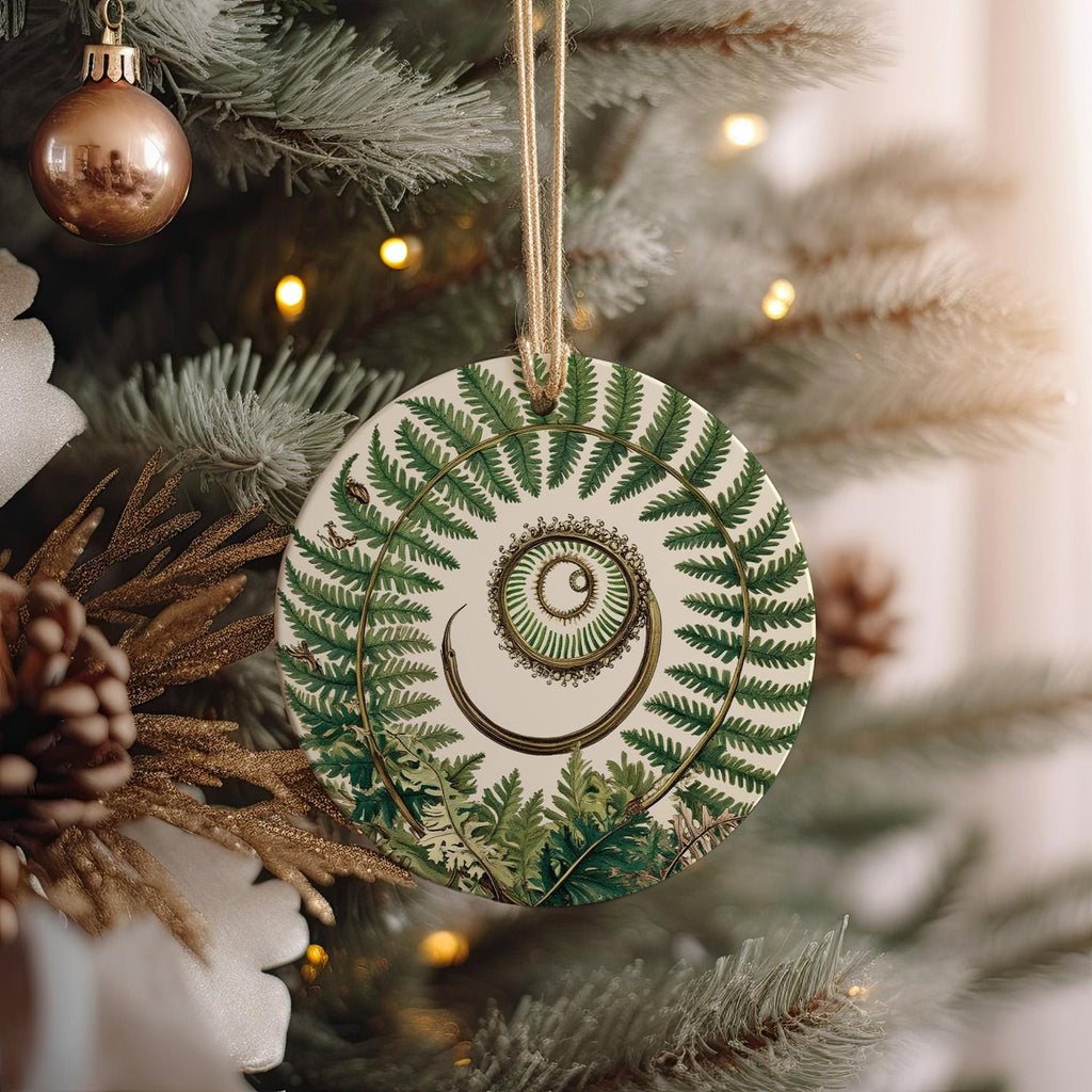 Vintage Botanical Fern Ceramic Ornament, Circular Design, Nature Home Decor, Rustic Christmas Ornament, Unique Gift Idea — photo 2