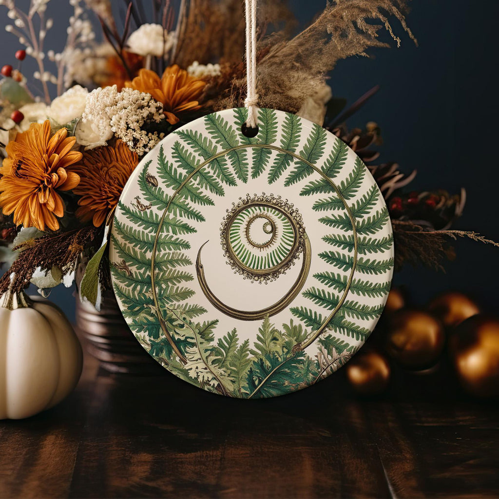Vintage Botanical Fern Ceramic Ornament, Circular Design, Nature Home Decor, Rustic Christmas Ornament, Unique Gift Idea — photo 4