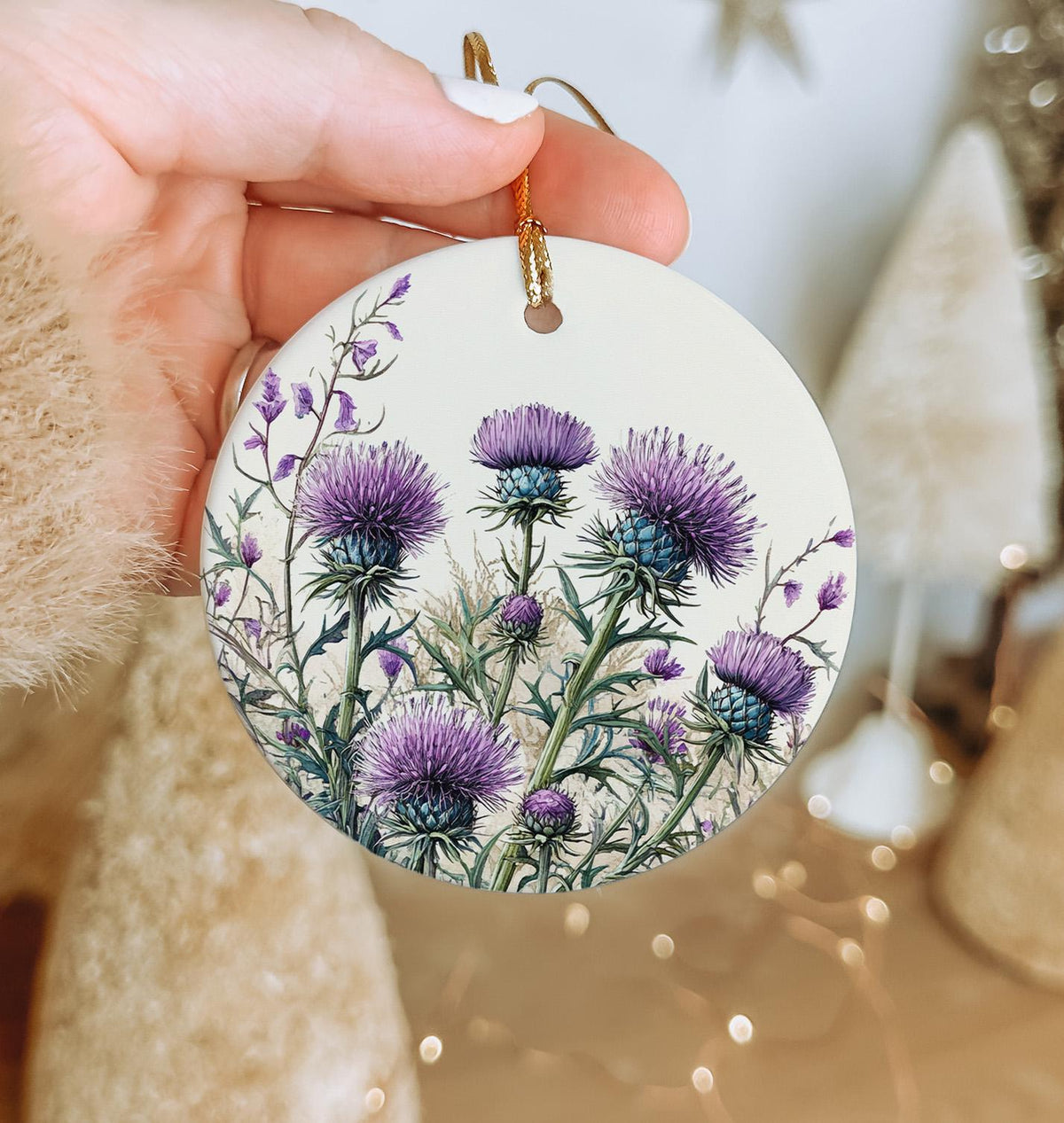 In a  Ceramic Ornament, Botanical Illustration, Thistle Circle Ornament, Unique Gift, Christmas Ornament Gift — photo 1