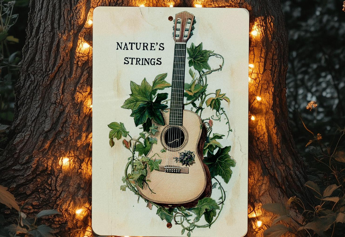 Natures Strings Metal Sign, Acoustic Symphony Art, Watercolor Wall Decor, Botanical Metal Art, Green Leaf Design, Earthy Home Decor — photo 1