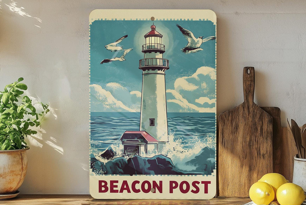 Guiding Light Metal Sign, Vintage Seagull Decor, Nautical Wall Art, Oceanic Coastal Sign, Beach House Decor, Bold Red Blue Metal Sign — photo 2