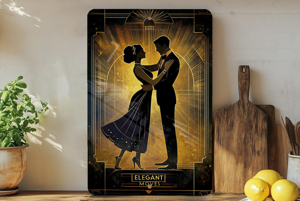Golden Art Deco Couple Metal Sign, Bronze Home Decor, Vintage Wall Art, Romantic Dance Art, Elegant Metal Sign, Retro Gift Idea — photo 1