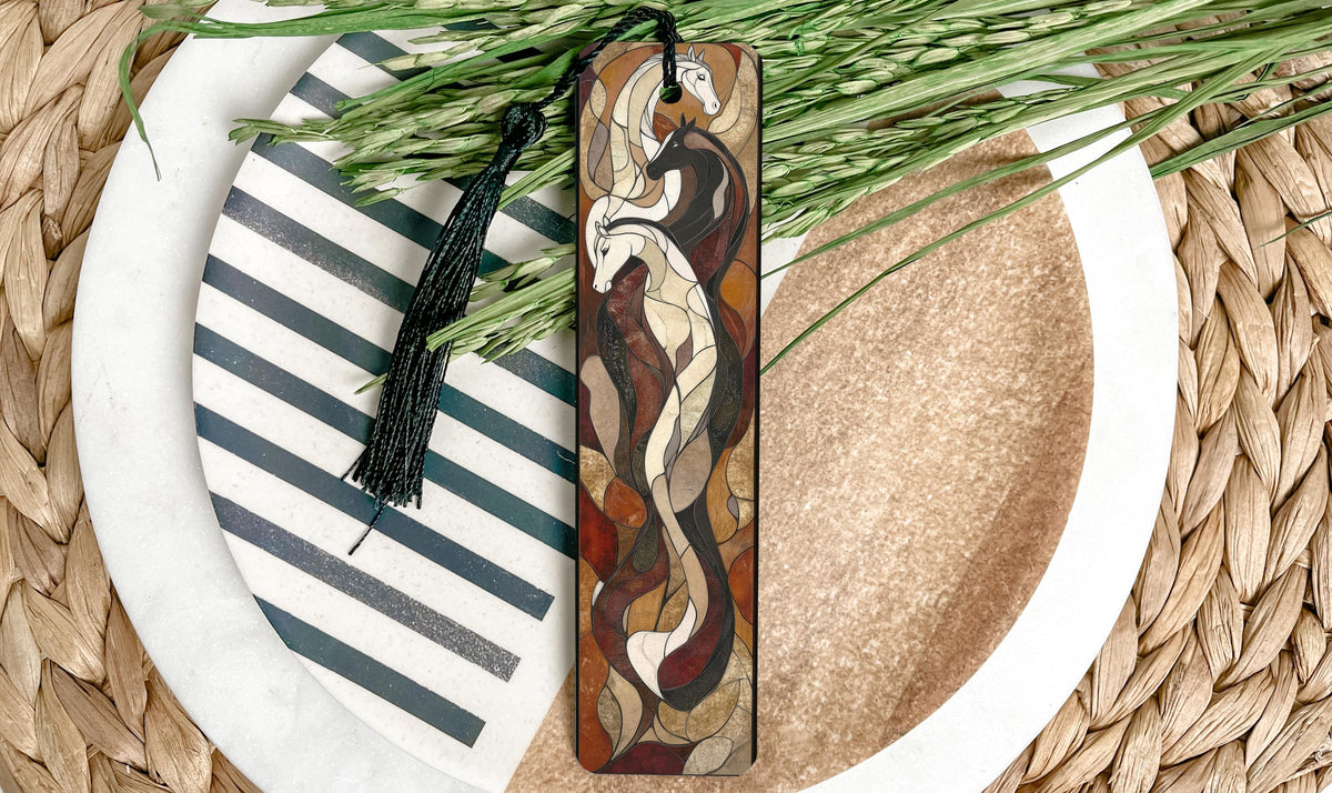 Majestic Equine Harmony Metal Bookmark, Art Nouveau Elegance, Horse Lover Gift, Earthen Reds And Creams, Unique Reading Accessory — photo 1