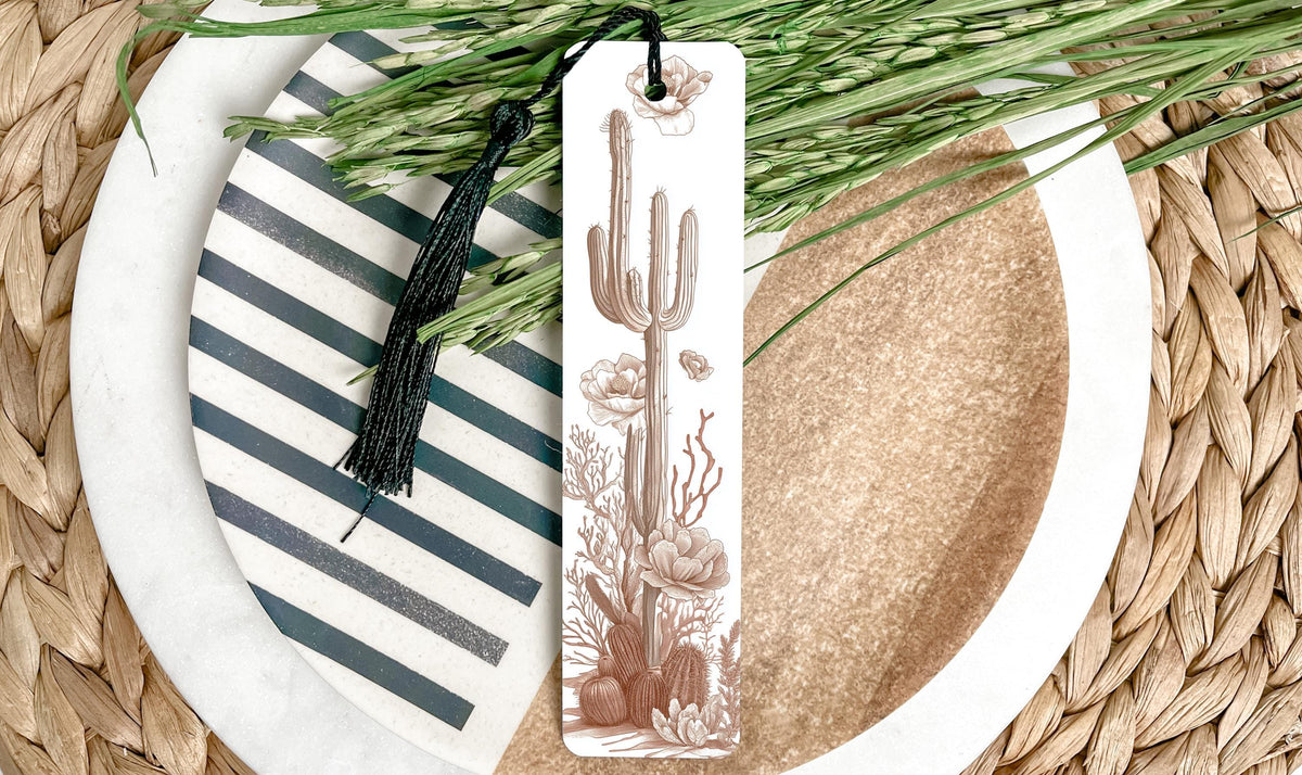 Earthy Desert Symphony Metal Bookmark, Cacti & Flowers Design, Nature's Resilience, Sepia Tone Bookmark, Unique Gift Idea — photo 1