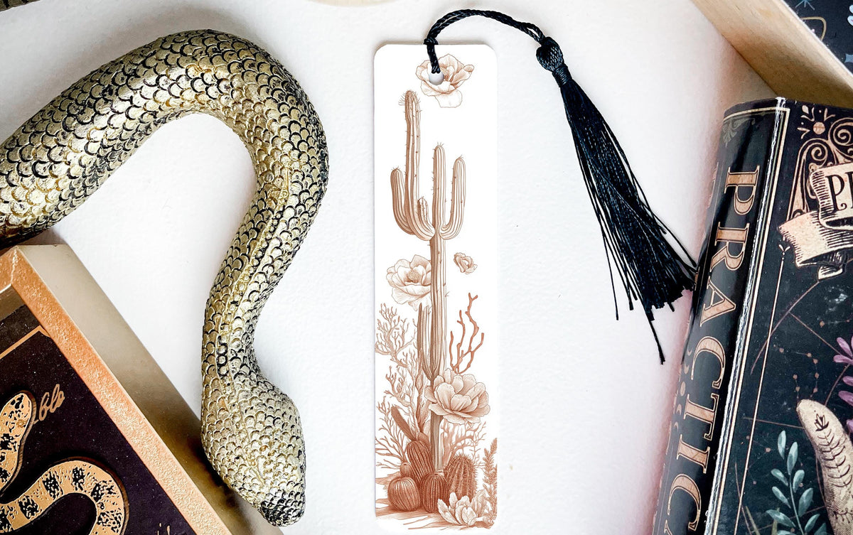 Earthy Desert Symphony Metal Bookmark, Cacti & Flowers Design, Nature's Resilience, Sepia Tone Bookmark, Unique Gift Idea — photo 3