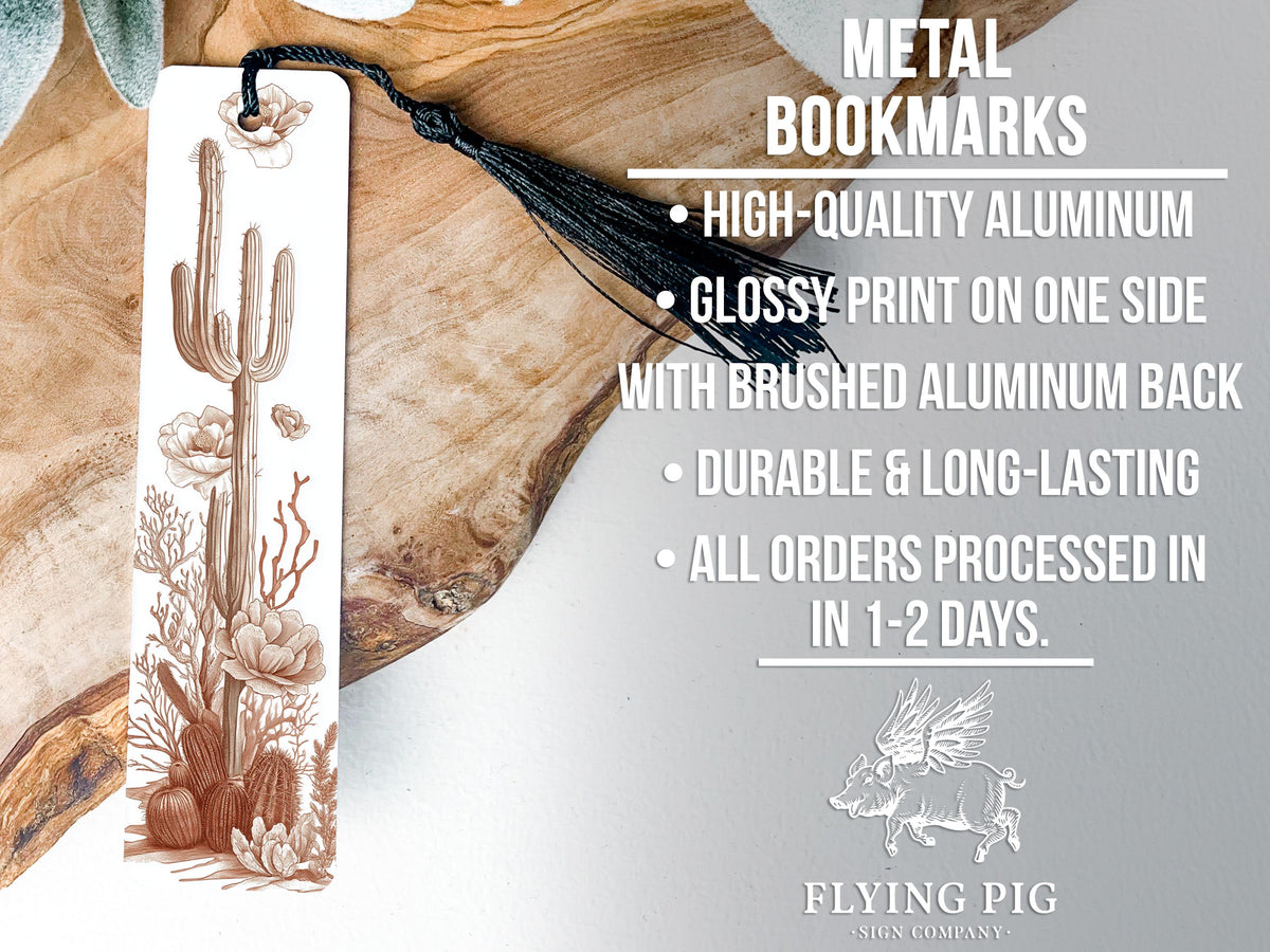 Earthy Desert Symphony Metal Bookmark, Cacti & Flowers Design, Nature's Resilience, Sepia Tone Bookmark, Unique Gift Idea — photo 4