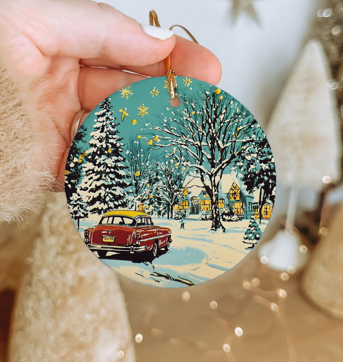 950s Style Ceramic Ornament, Retro Christmas Decor, Circular Ceramic Ornament, Vintage Holiday Gift, Mid-Century Home Decor — photo 3