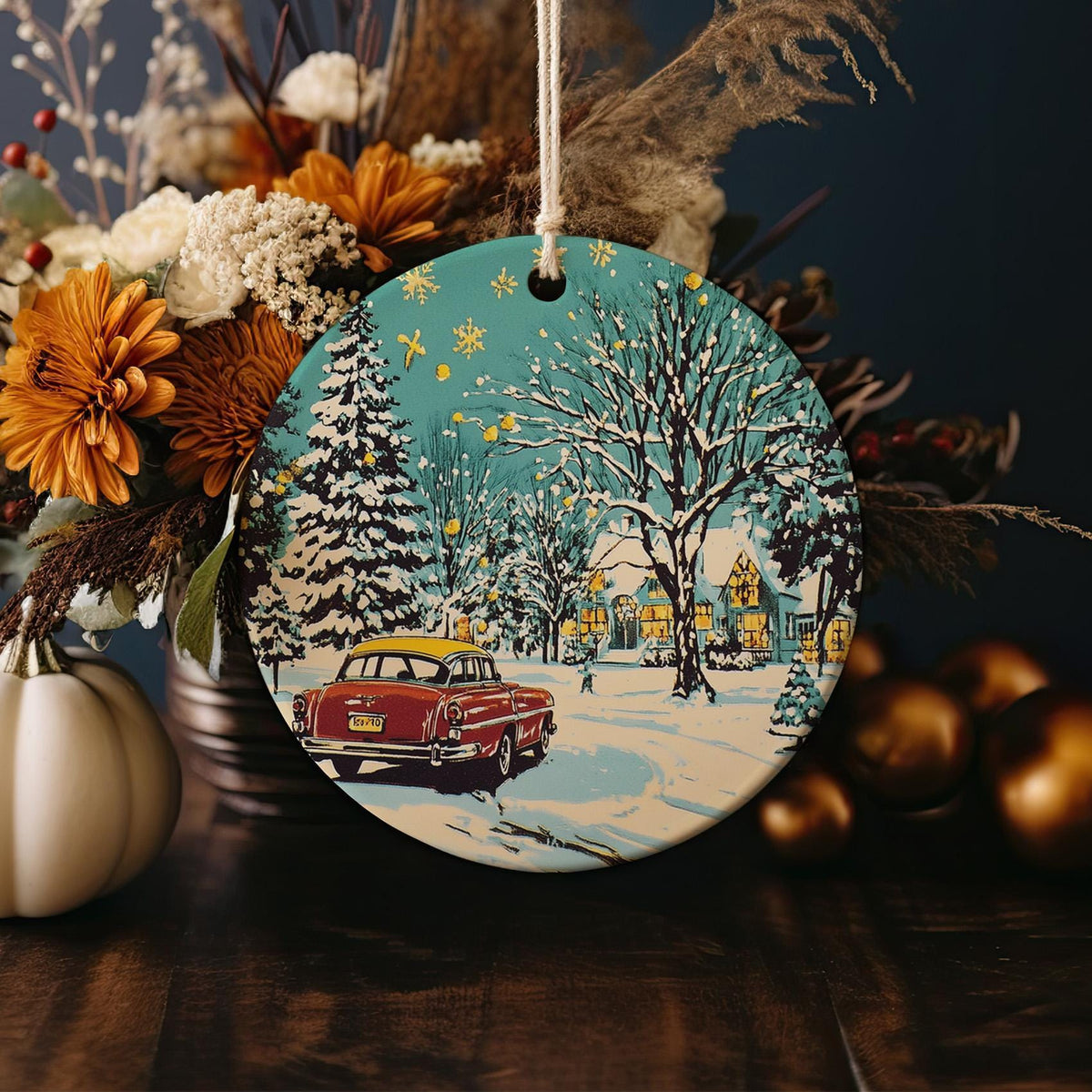 950s Style Ceramic Ornament, Retro Christmas Decor, Circular Ceramic Ornament, Vintage Holiday Gift, Mid-Century Home Decor — photo 4