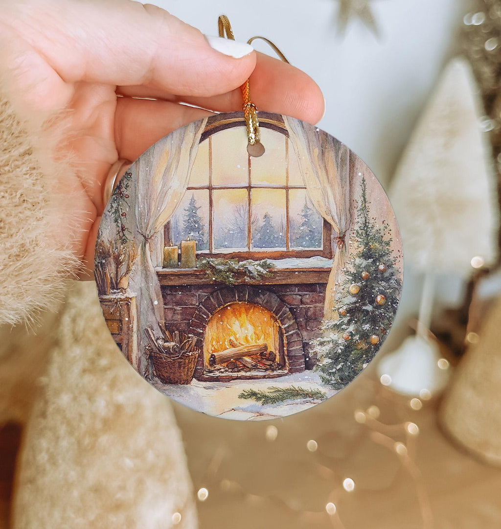Watercolor Ceramic Ornament, Cozy Fireplace Design, Circular Ceramic Ornament, Unique Holiday Decor, Handcrafted Gift — photo 1