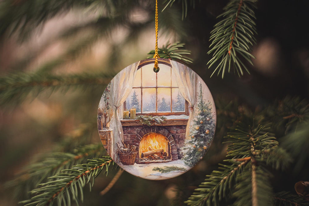 Watercolor Ceramic Ornament, Cozy Fireplace Design, Circular Ceramic Ornament, Unique Holiday Decor, Handcrafted Gift — photo 2