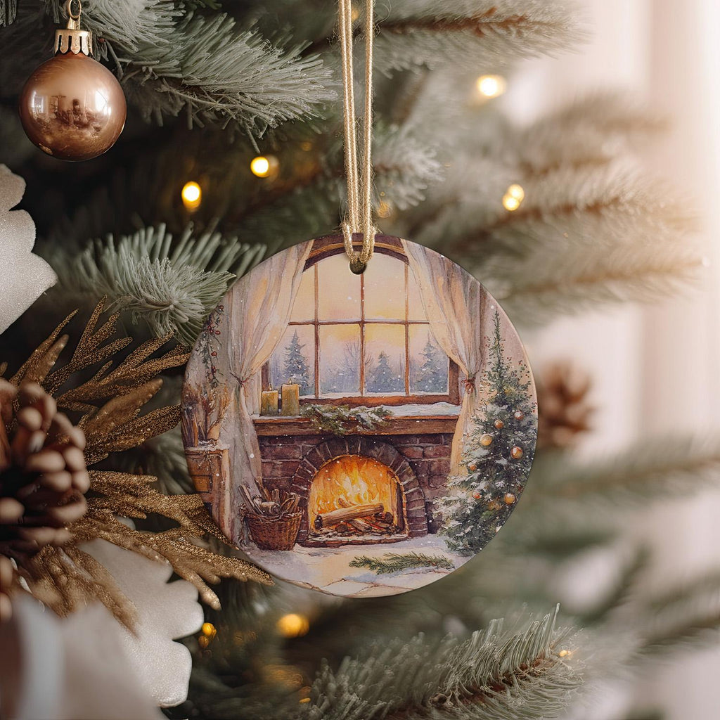 Watercolor Ceramic Ornament, Cozy Fireplace Design, Circular Ceramic Ornament, Unique Holiday Decor, Handcrafted Gift — photo 3