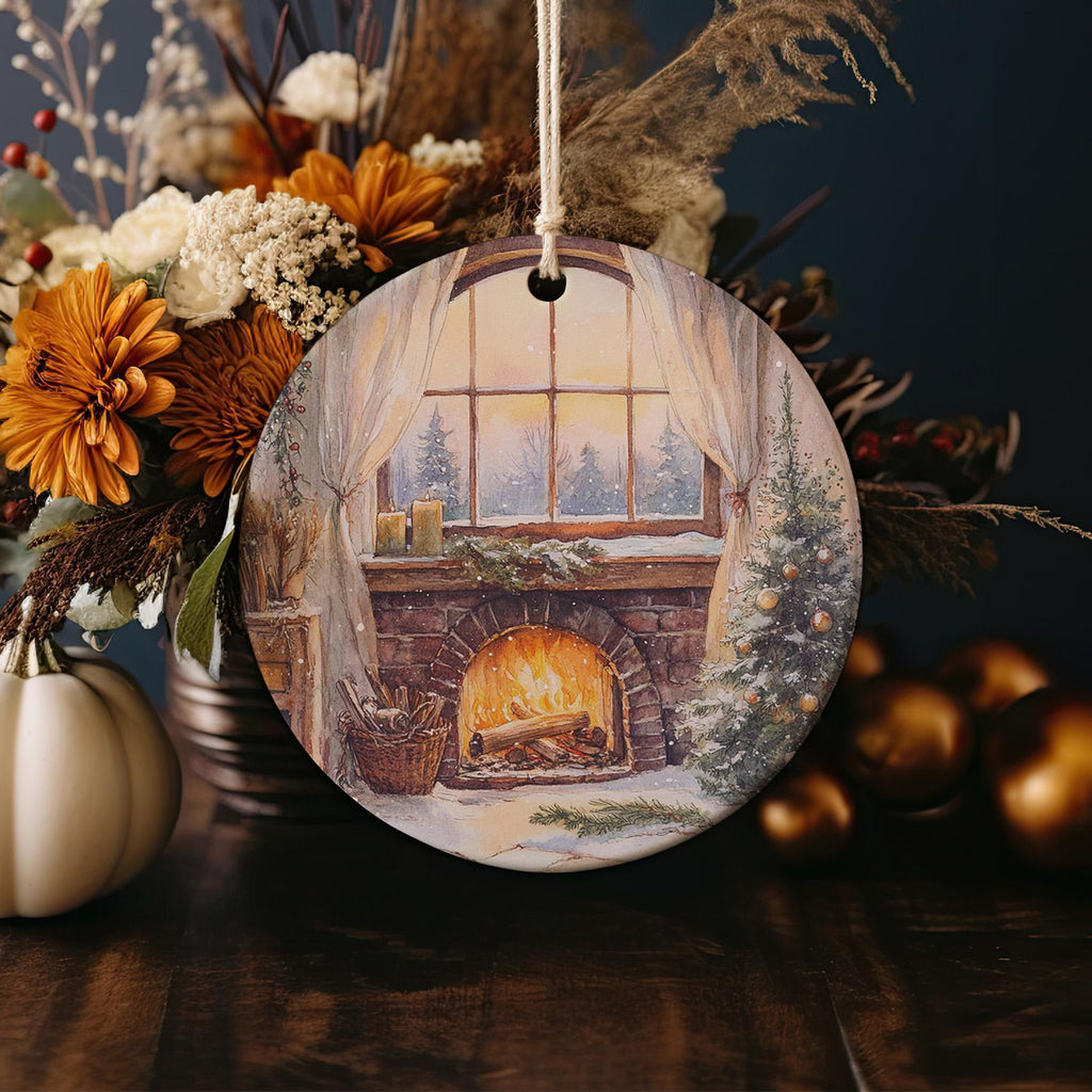 Watercolor Ceramic Ornament, Cozy Fireplace Design, Circular Ceramic Ornament, Unique Holiday Decor, Handcrafted Gift — photo 4