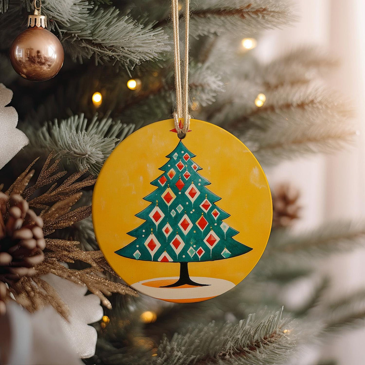950s Christmas Ceramic Ornament, Retro Ceramic Design, Circular Ornament, Stylish Holiday Decor, Vintage Christmas Decor — photo 2