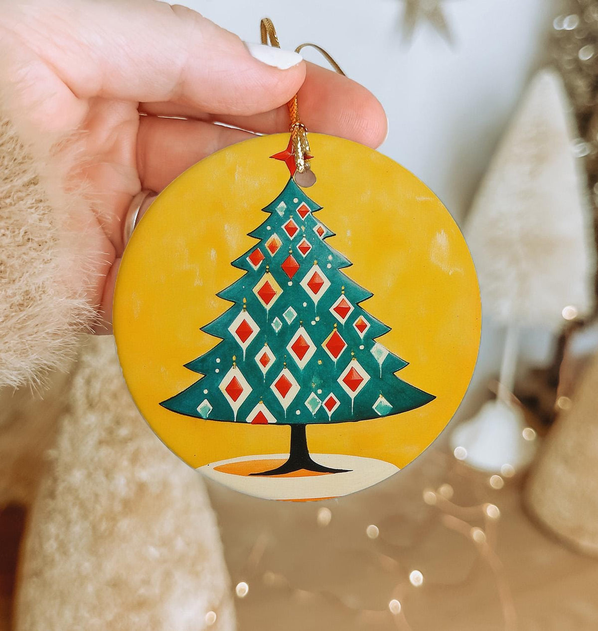 950s Christmas Ceramic Ornament, Retro Ceramic Design, Circular Ornament, Stylish Holiday Decor, Vintage Christmas Decor — photo 4