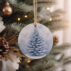 Pine Tree Ceramic Ornament, Serene Snow-Covered Design, Circular Ceramic Ornament, Winter Decor, Holiday Gift — photo 1