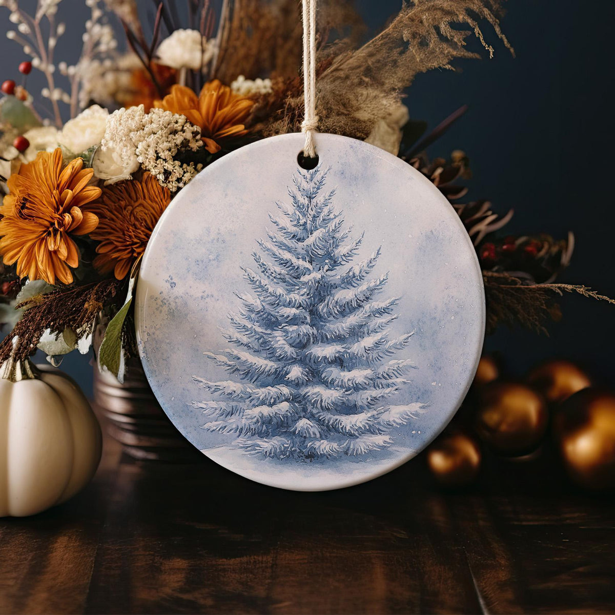 Pine Tree Ceramic Ornament, Serene Snow-Covered Design, Circular Ceramic Ornament, Winter Decor, Holiday Gift — photo 2