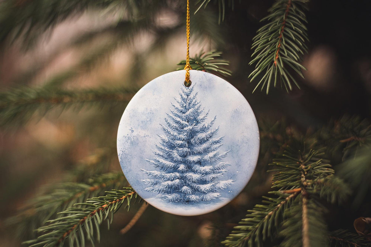 Pine Tree Ceramic Ornament, Serene Snow-Covered Design, Circular Ceramic Ornament, Winter Decor, Holiday Gift — photo 3