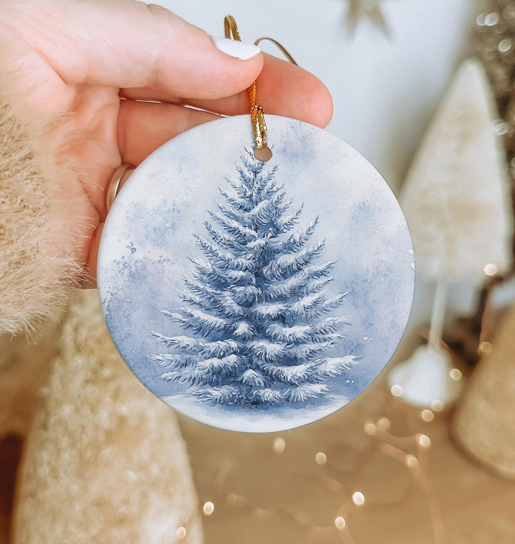 Pine Tree Ceramic Ornament, Serene Snow-Covered Design, Circular Ceramic Ornament, Winter Decor, Holiday Gift — photo 4