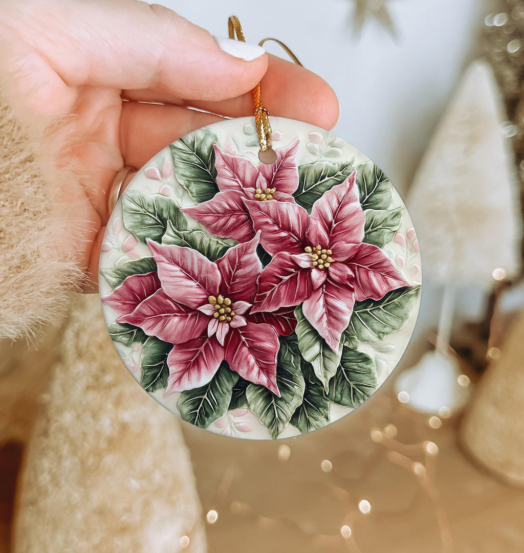 Delicate Watercolor Poinsettia Ceramic Ornament, Circular Design, Christmas Decor, Holiday Gift, Handcrafted, Unique Ornament — photo 1