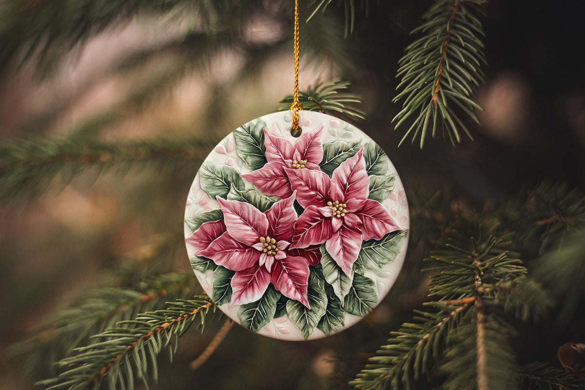 Delicate Watercolor Poinsettia Ceramic Ornament, Circular Design, Christmas Decor, Holiday Gift, Handcrafted, Unique Ornament — photo 2
