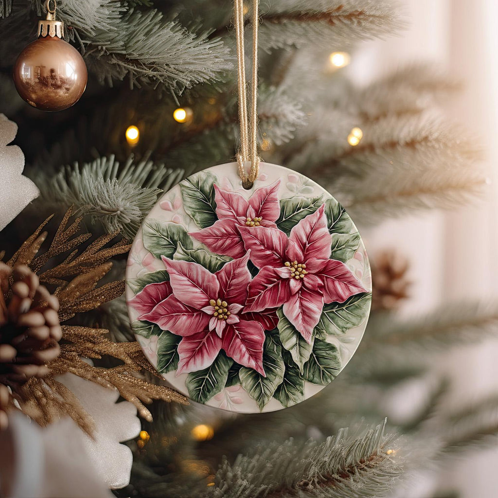Delicate Watercolor Poinsettia Ceramic Ornament, Circular Design, Christmas Decor, Holiday Gift, Handcrafted, Unique Ornament — photo 3