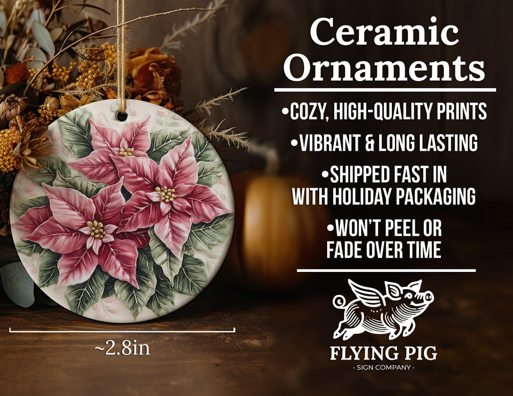 Delicate Watercolor Poinsettia Ceramic Ornament, Circular Design, Christmas Decor, Holiday Gift, Handcrafted, Unique Ornament — photo 5