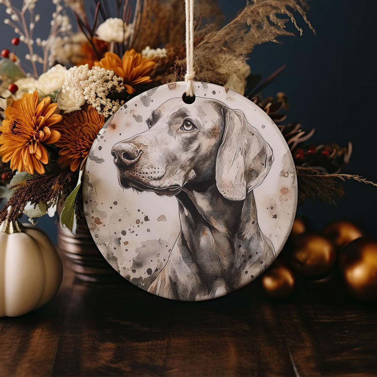 Weimaraner Watercolor Ceramic Ornament, Dog Lover Gift, Circular Design Decor, Handmade Christmas Ornament — photo 4