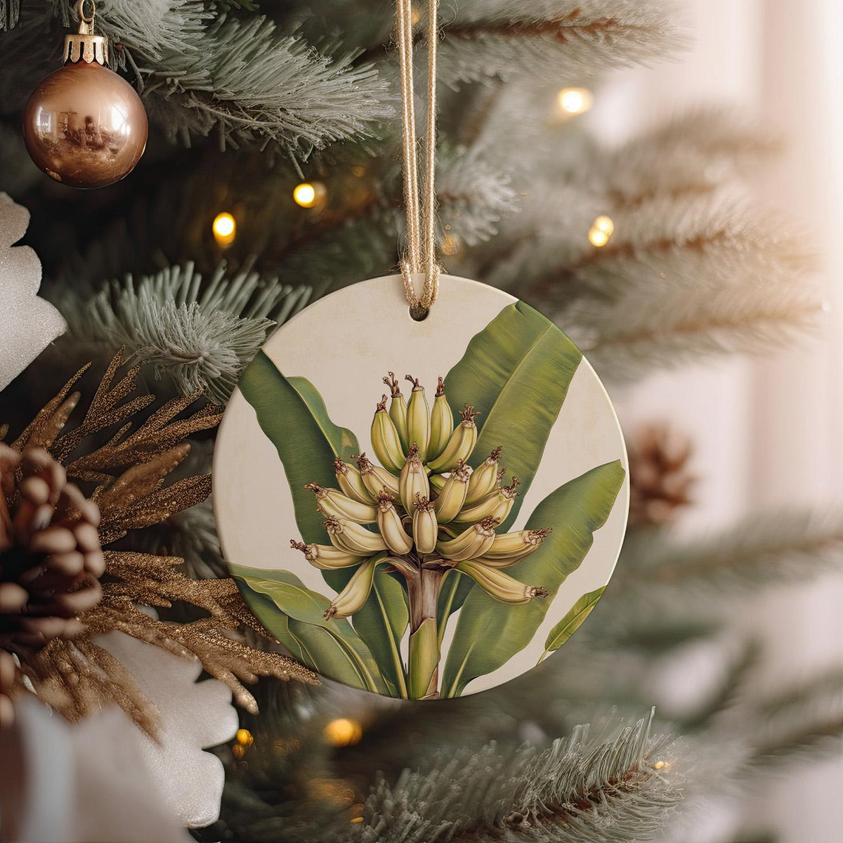 Vintage Botanical Ceramic Ornament, Banana Illustration, Round Design, Home Decor, Handmade Gift, Unique Christmas Ornament — photo 1