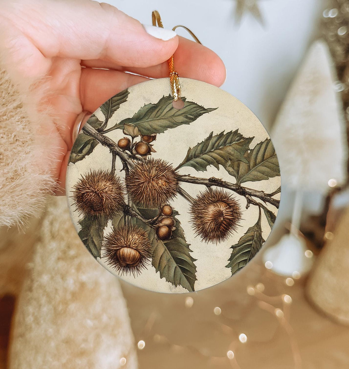 Vintage Botanical Chestnut Ceramic Ornament, Circular Design, Holiday Decor, Unique Gift, Nature Inspired, Handmade, Collectible — photo 2