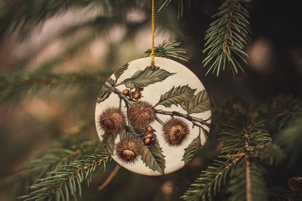 Vintage Botanical Chestnut Ceramic Ornament, Circular Design, Holiday Decor, Unique Gift, Nature Inspired, Handmade, Collectible — photo 3