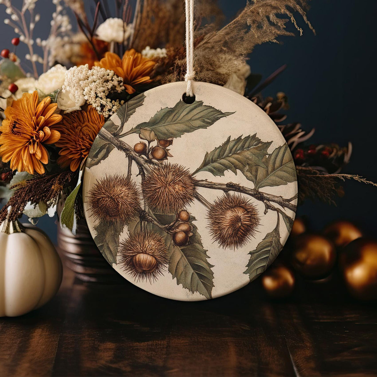 Vintage Botanical Chestnut Ceramic Ornament, Circular Design, Holiday Decor, Unique Gift, Nature Inspired, Handmade, Collectible — photo 4