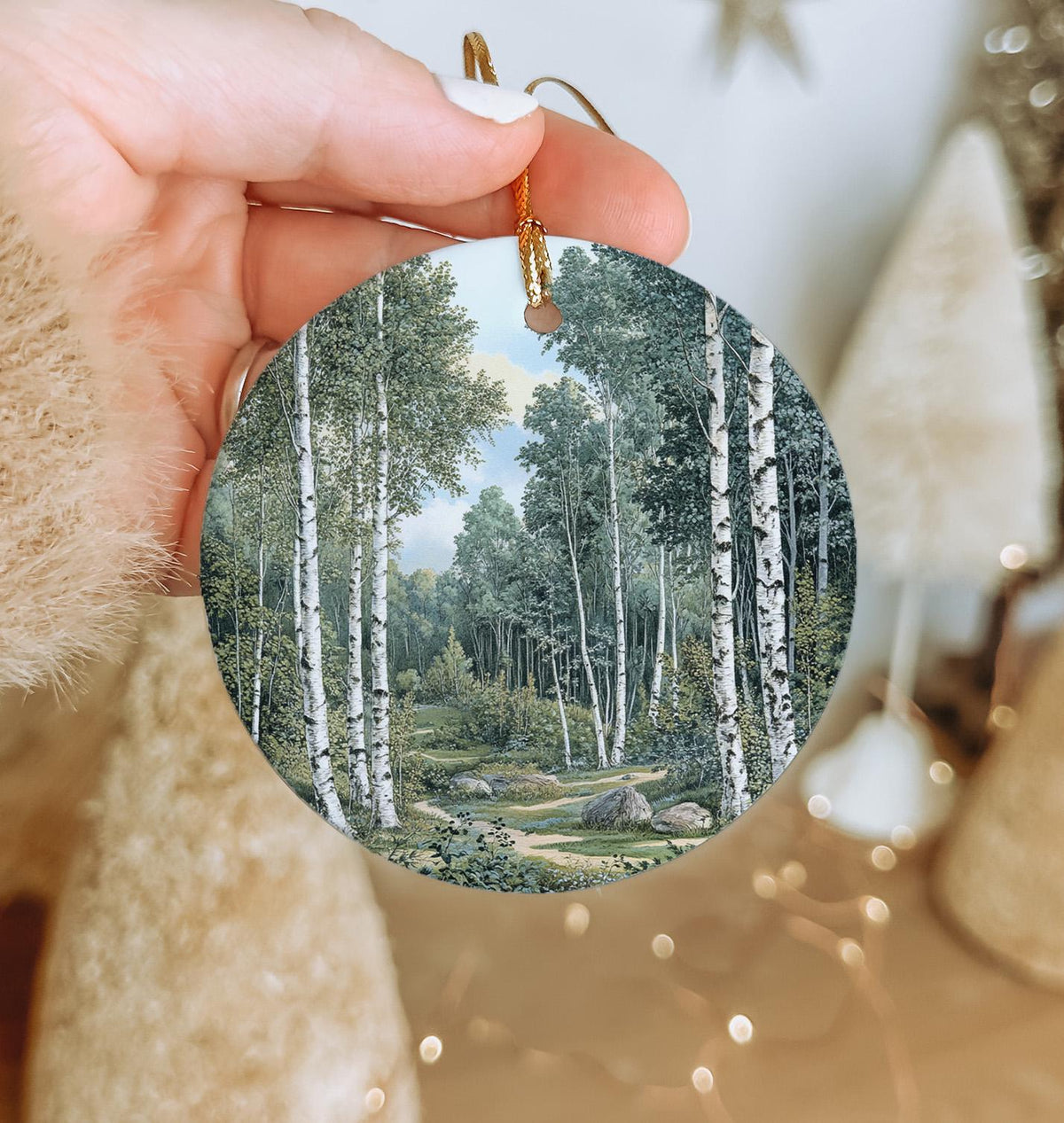 Vintage Botanical Ceramic Ornament, Birch Tree Design, Christmas Decor, Handmade Circle Ornament, Nature Art Gift — photo 1