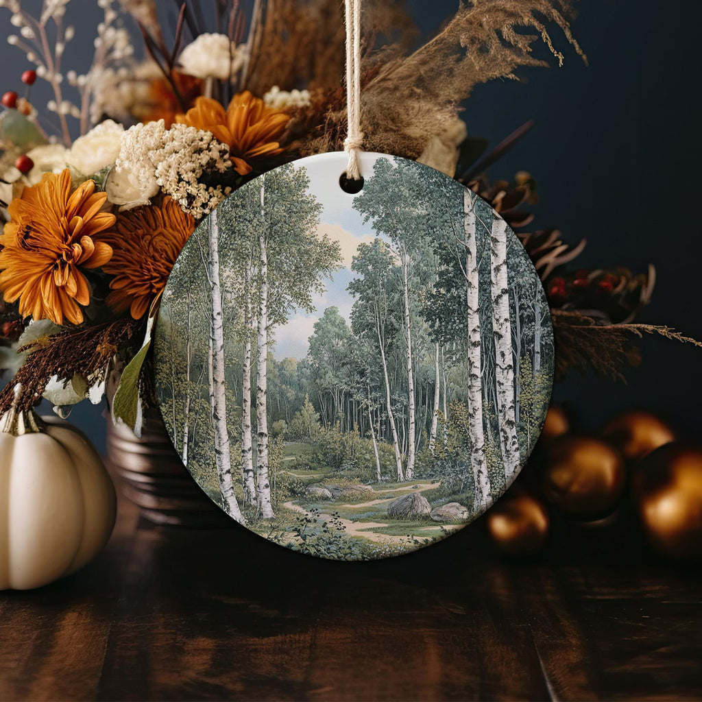 Vintage Botanical Ceramic Ornament, Birch Tree Design, Christmas Decor, Handmade Circle Ornament, Nature Art Gift — photo 4