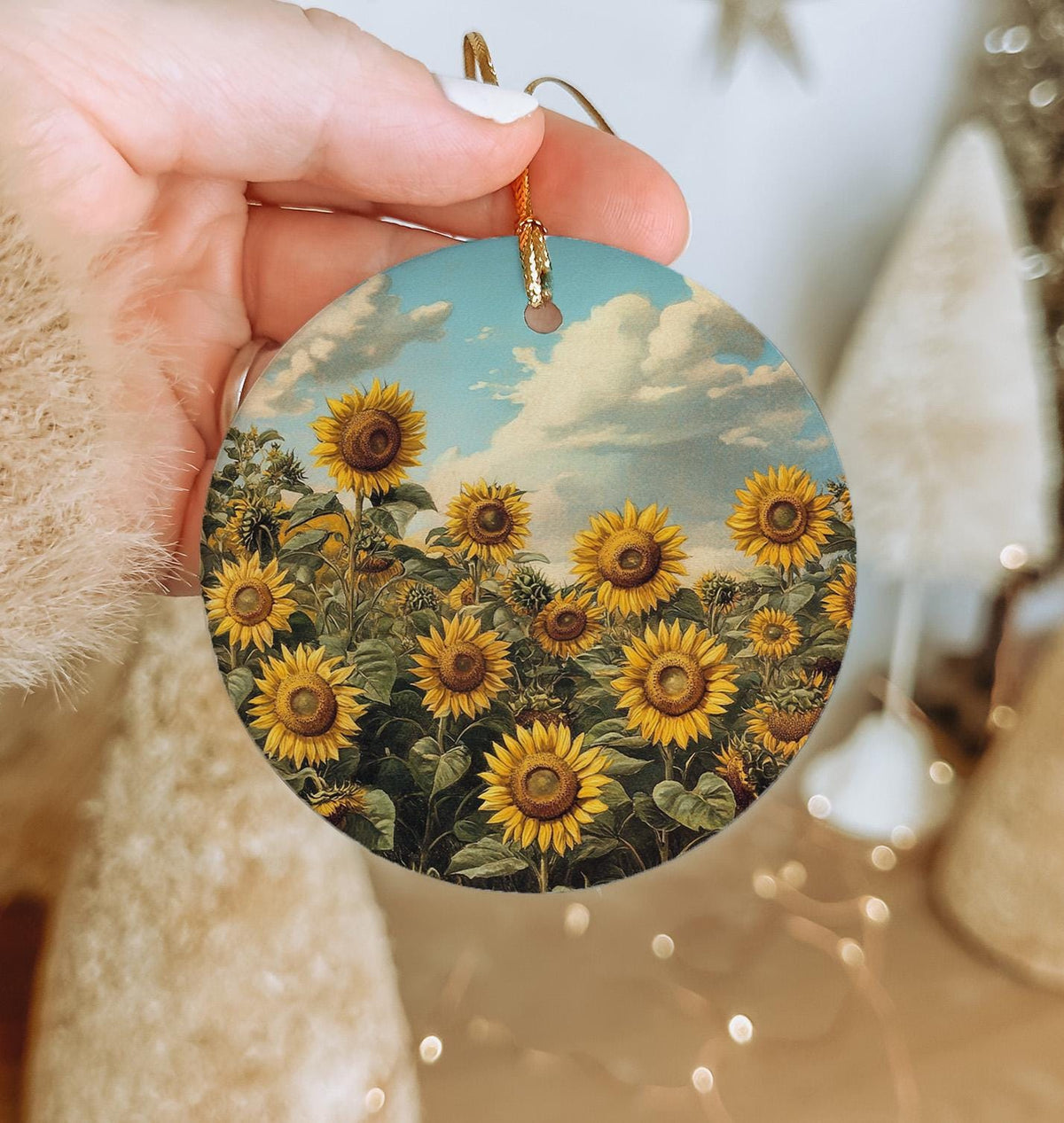 Sunflower Ceramic Ornament, Botanical Illustration, Circle Home Decor, Unique Gift Idea, Christmas Ornament Gift — photo 1