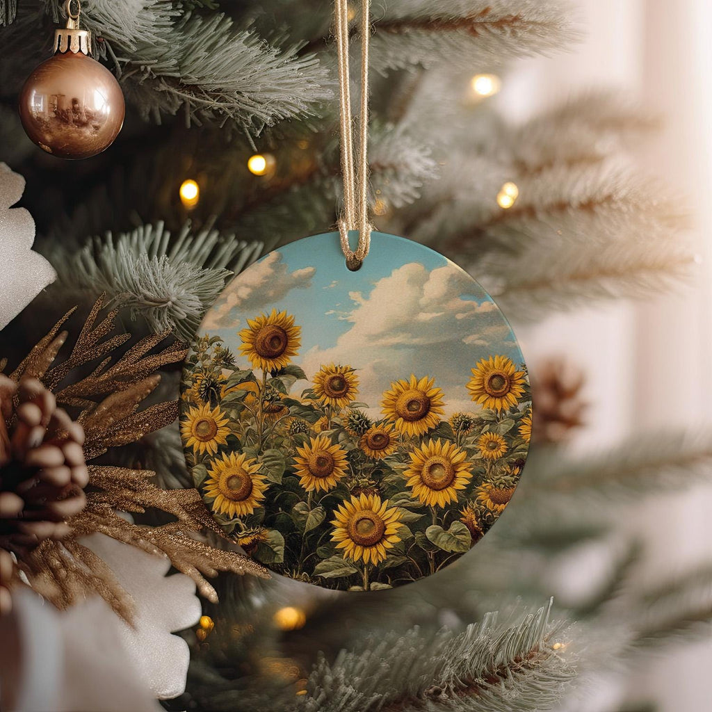 Sunflower Ceramic Ornament, Botanical Illustration, Circle Home Decor, Unique Gift Idea, Christmas Ornament Gift — photo 2