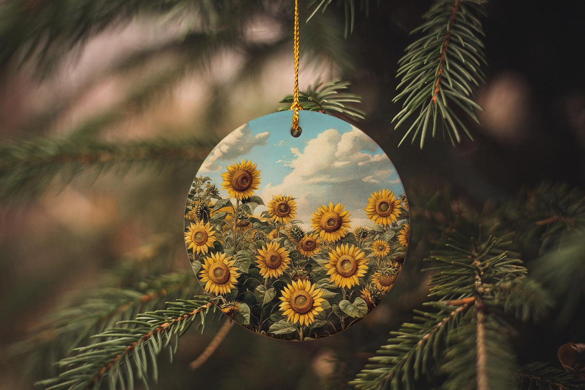 Sunflower Ceramic Ornament, Botanical Illustration, Circle Home Decor, Unique Gift Idea, Christmas Ornament Gift — photo 3