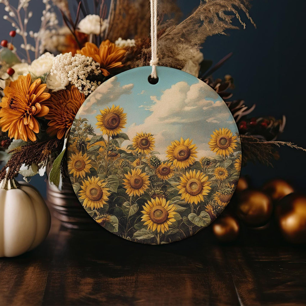 Sunflower Ceramic Ornament, Botanical Illustration, Circle Home Decor, Unique Gift Idea, Christmas Ornament Gift — photo 4