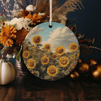 Sunflower Ceramic Ornament, Botanical Illustration, Circle Home Decor, Unique Gift Idea, Christmas Ornament Gift — photo 4