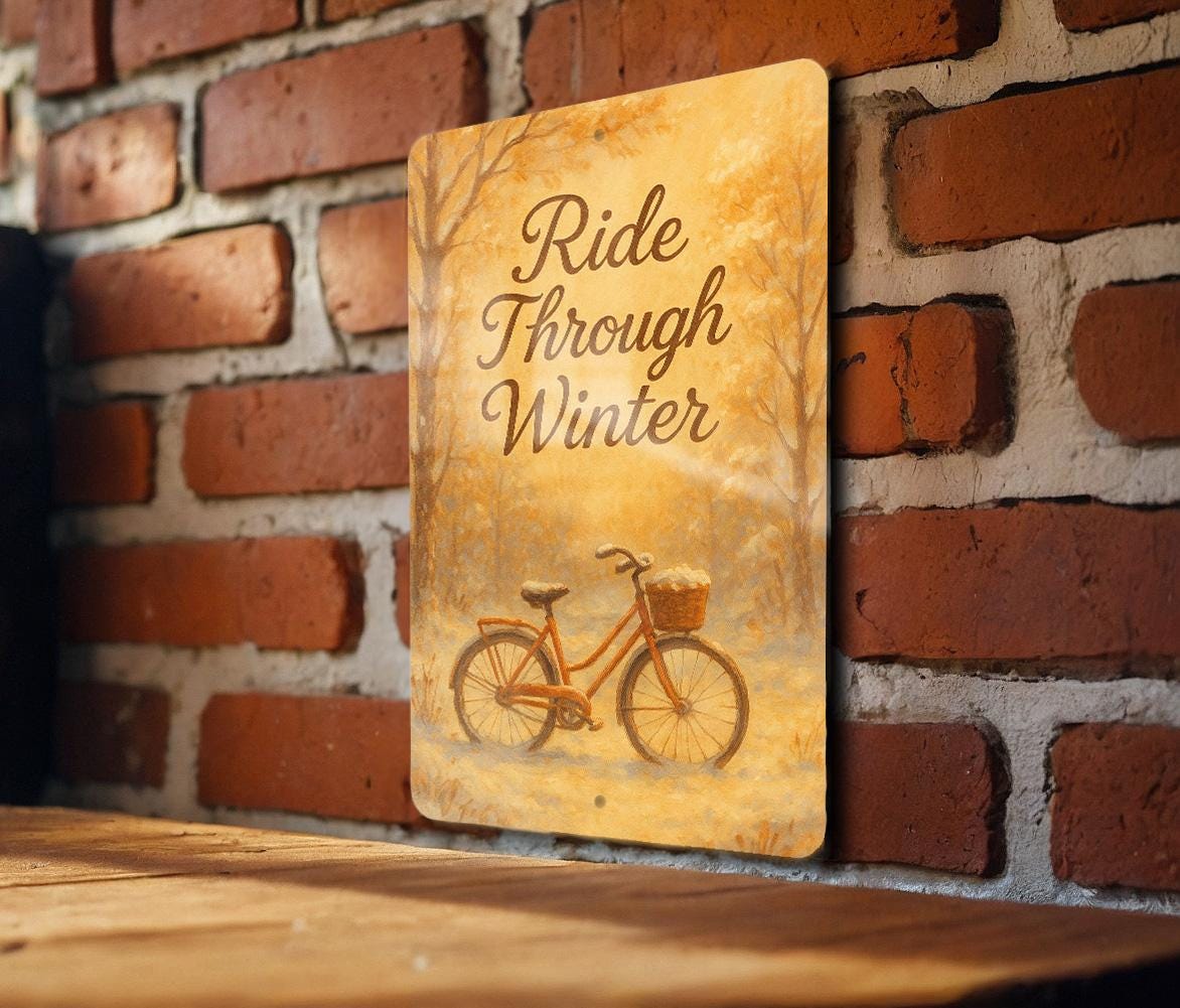 Ride Through Winter Metal Sign – Serene Snowy Scene with Vintage Bicycle & Trees, Narrow Wall Art, Rustic Winter Decor — photo 1