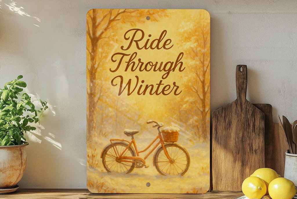 Ride Through Winter Metal Sign – Serene Snowy Scene with Vintage Bicycle & Trees, Narrow Wall Art, Rustic Winter Decor — photo 2
