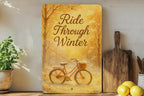 Ride Through Winter Metal Sign – Serene Snowy Scene with Vintage Bicycle & Trees, Narrow Wall Art, Rustic Winter Decor — photo 2