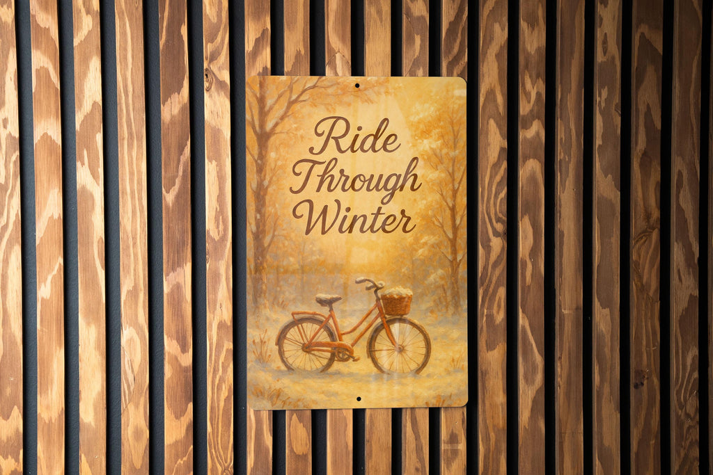 Ride Through Winter Metal Sign – Serene Snowy Scene with Vintage Bicycle & Trees, Narrow Wall Art, Rustic Winter Decor — photo 3