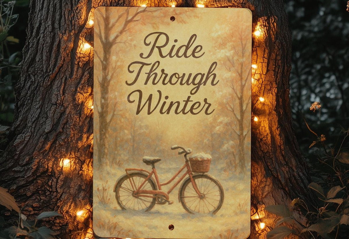 Ride Through Winter Metal Sign – Serene Snowy Scene with Vintage Bicycle & Trees, Narrow Wall Art, Rustic Winter Decor — photo 4