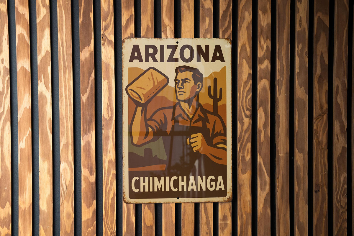 Vintage 1930s Arizona Chimichanga Tin Sign – WPA Style Wall Art, Rustic Metal Decor, Retro Southwest Kitchen Sign — photo 1