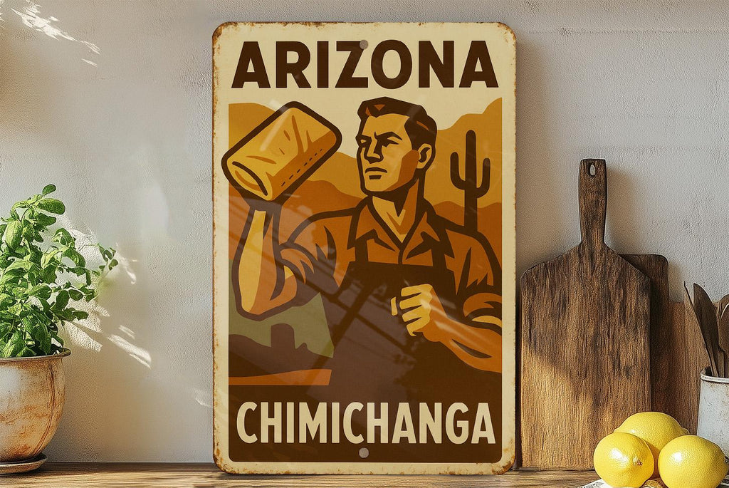 Vintage 1930s Arizona Chimichanga Tin Sign – WPA Style Wall Art, Rustic Metal Decor, Retro Southwest Kitchen Sign — photo 2